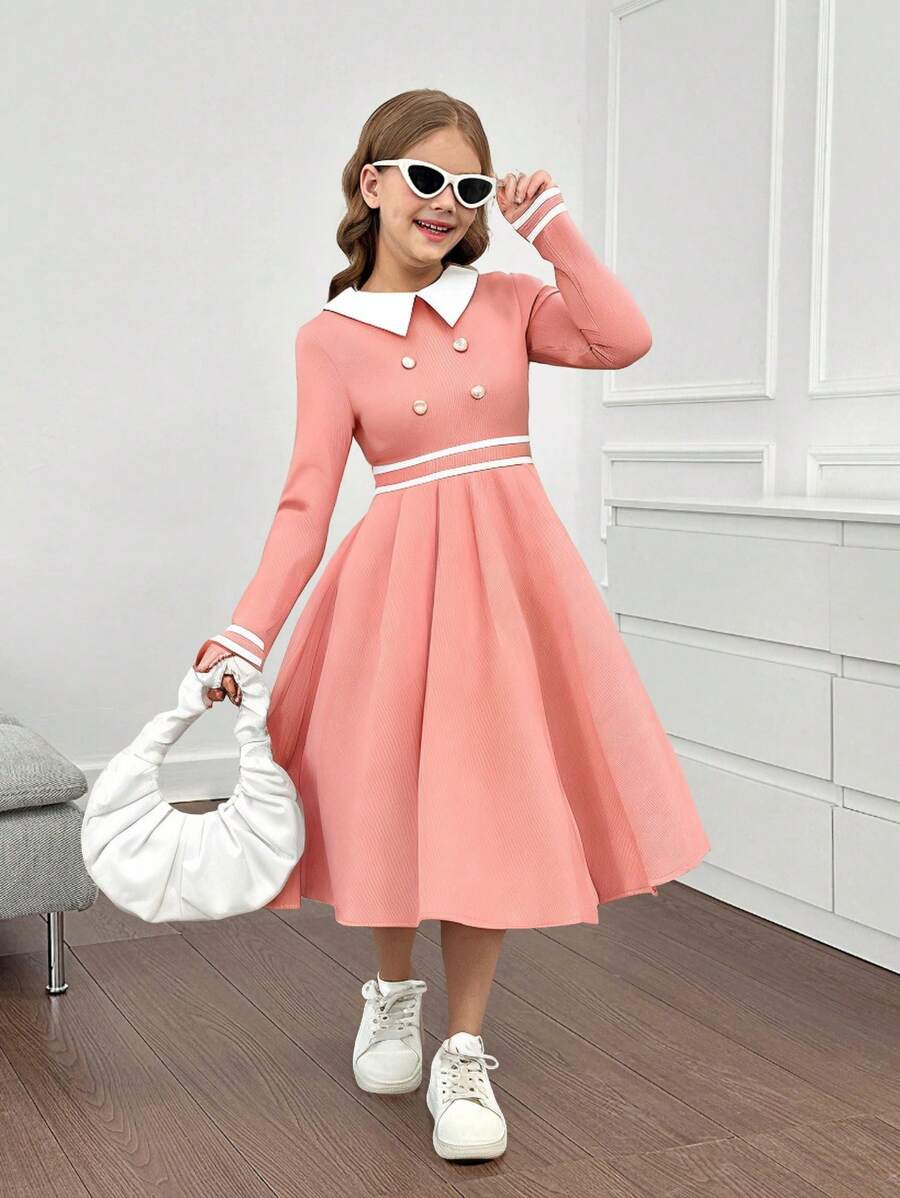 SHEIN Tween Girls Elegante Contrasterende Kleur Getailleerde Kraag Lange Mouw A-lijn Mid-Calf Jurk, Roze, Casual Voor Herfst/Winter
