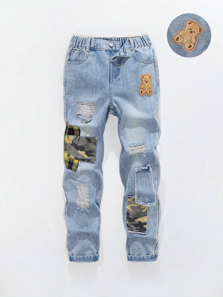 Tween Boy Cartoon Bear Patched Ripped Casual Denim Jeans