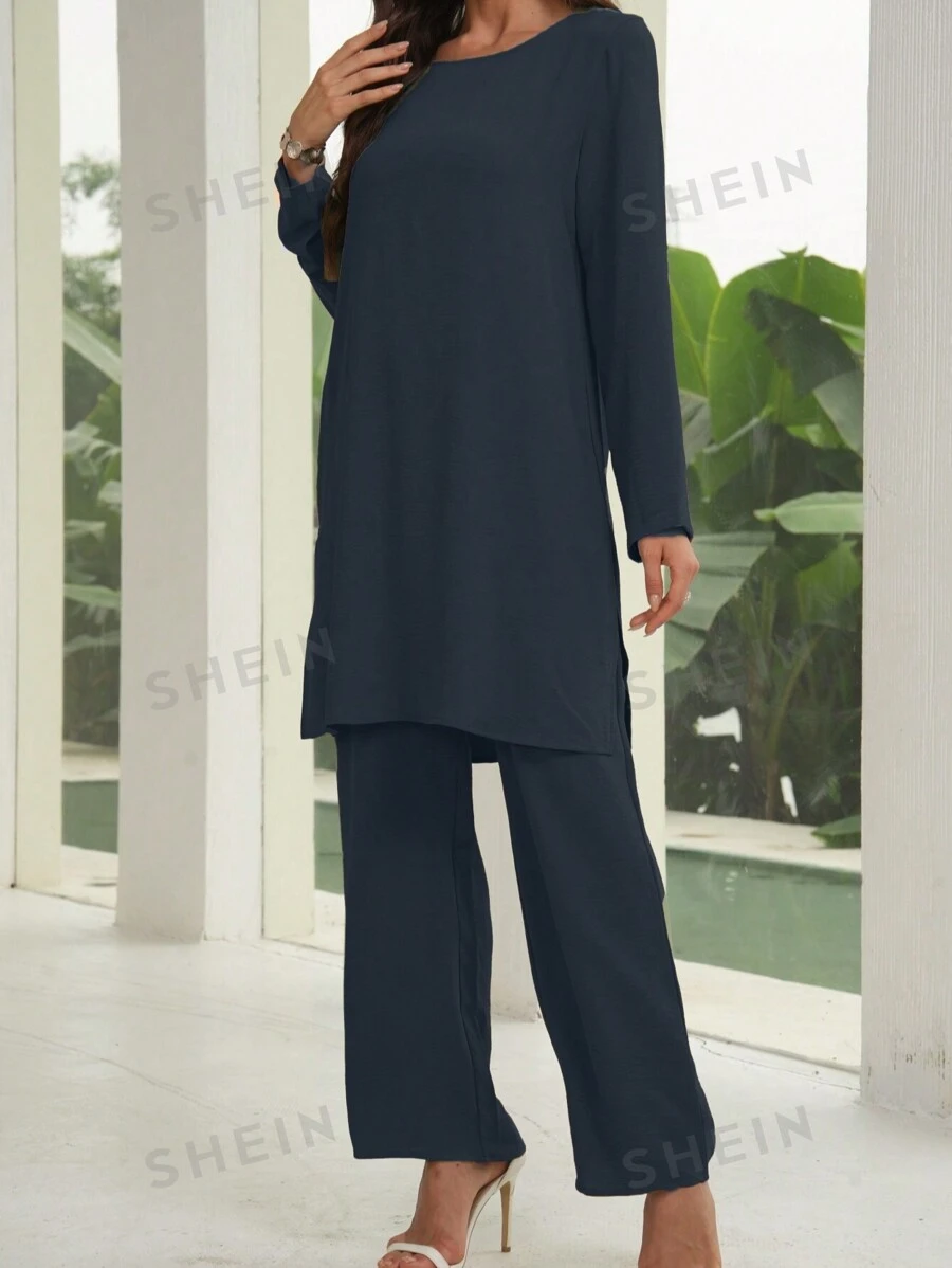 Mulvari Conjunto casual de 2 piezas con top de manga larga de cuello redondo y pantalones de unicolor para mujer