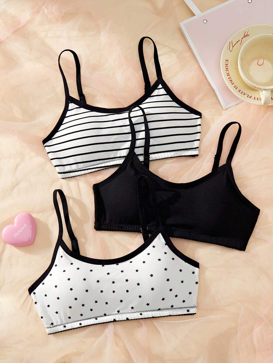 3pcs/Set Teen Girl Solid Color, Stripe And Polka Dot Print Casual Lingerie Set