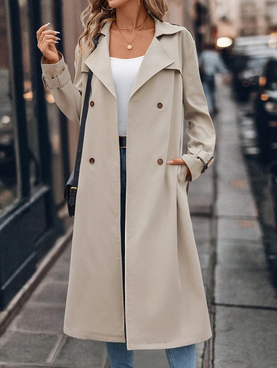 SHEIN LUNE Abrigo largo de trinchera caqui para mujer para el invierno