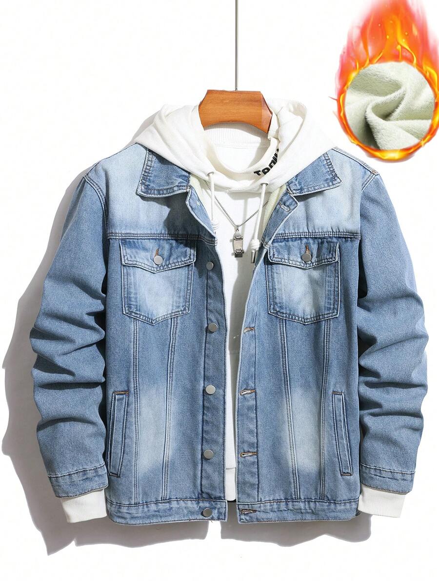 Manfinity Hypemode Chaqueta de mezclilla casual con forro térmico y abotonadura sencilla para hombres de talla grande, para otoño/invierno