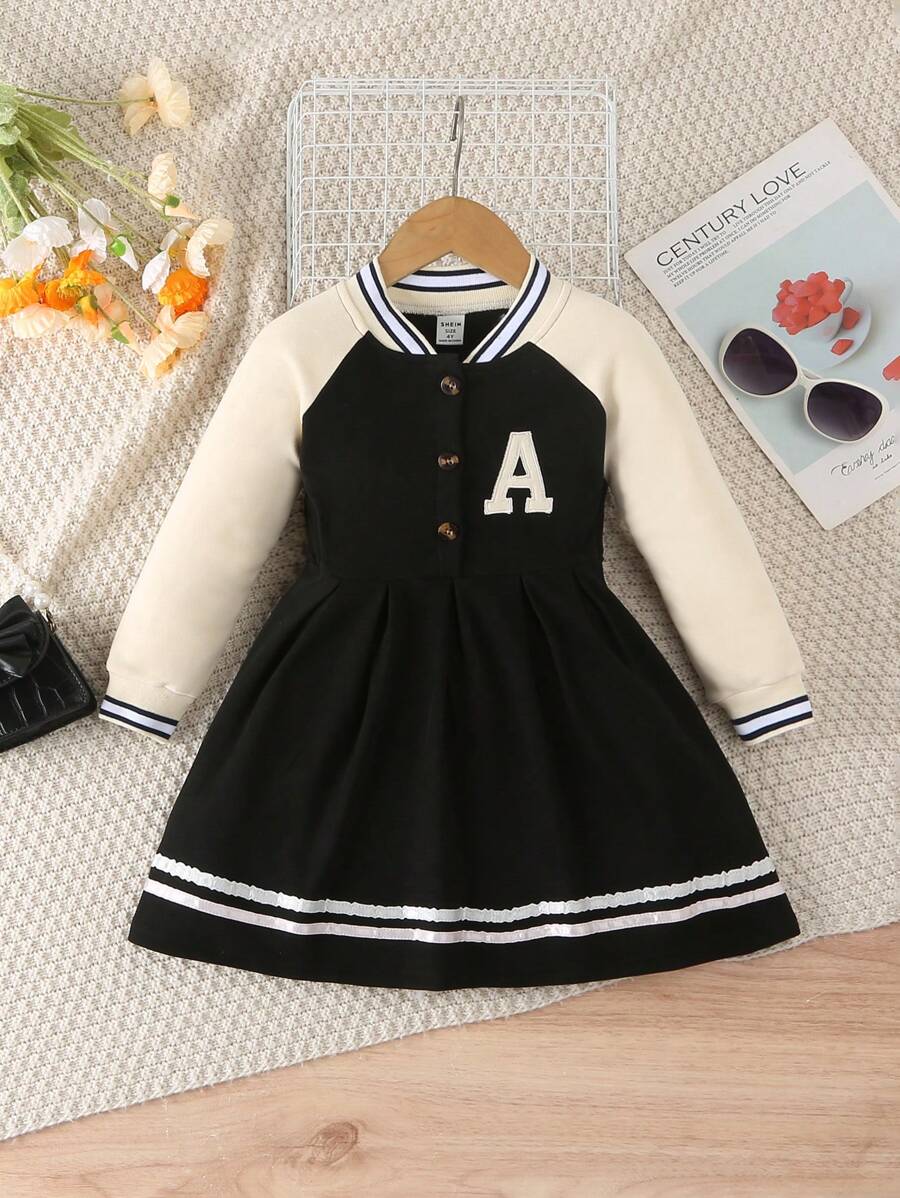 SHEIN Young Girl Solid Color Splicing Front Button Long Sleeve Printed Casual Dress