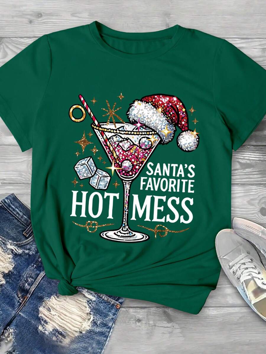 INAWLY Women's Casual Round Neck Short Sleeve T-Shirt With Christmas Wine Glass And Letter Print, Graphic Tees, Women Holiday Tops