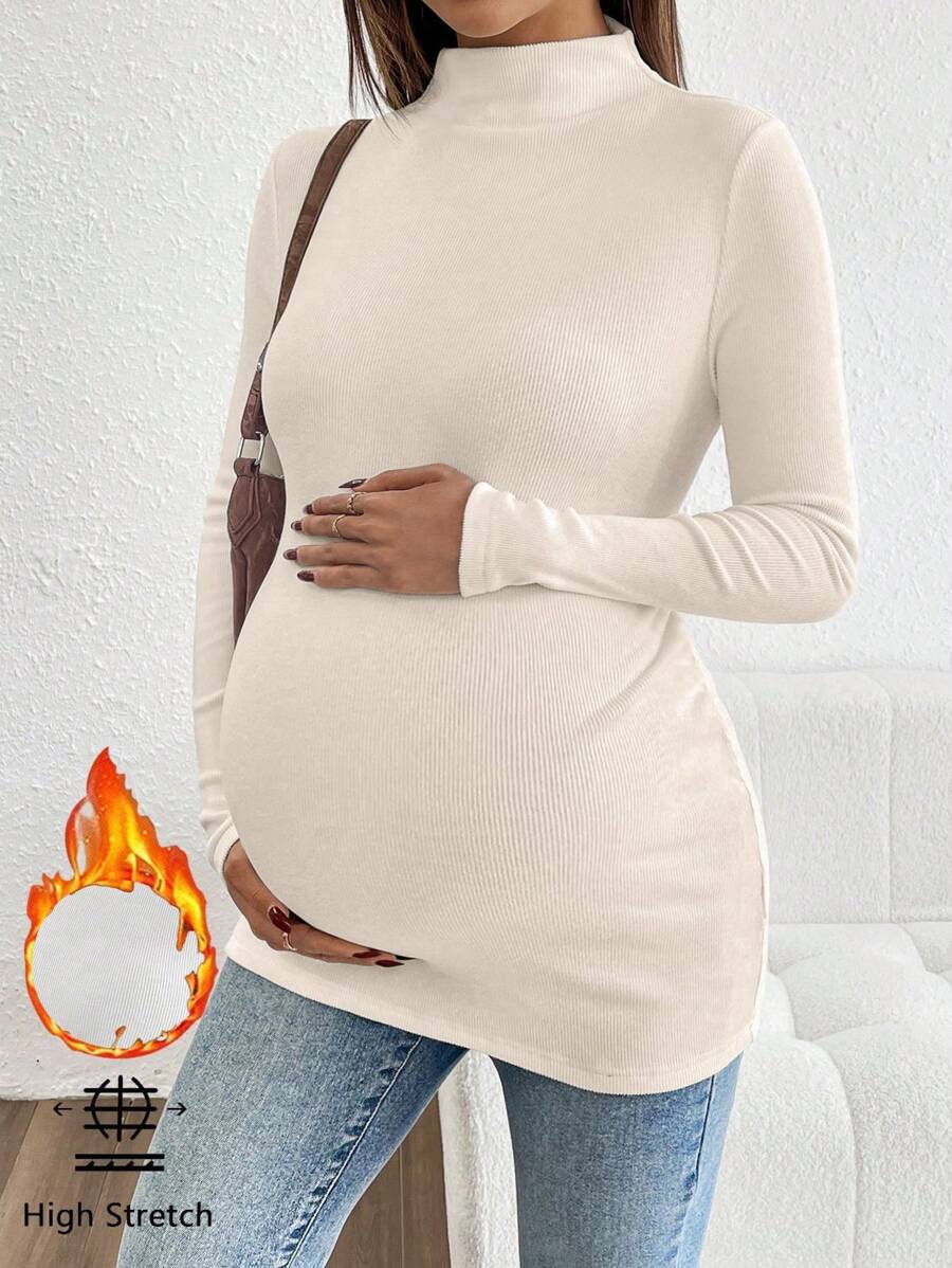 SHEIN Maternity Long Sleeve Solid Color Stand Collar Ribbed Fitted Casual T-Shirt, Autumn