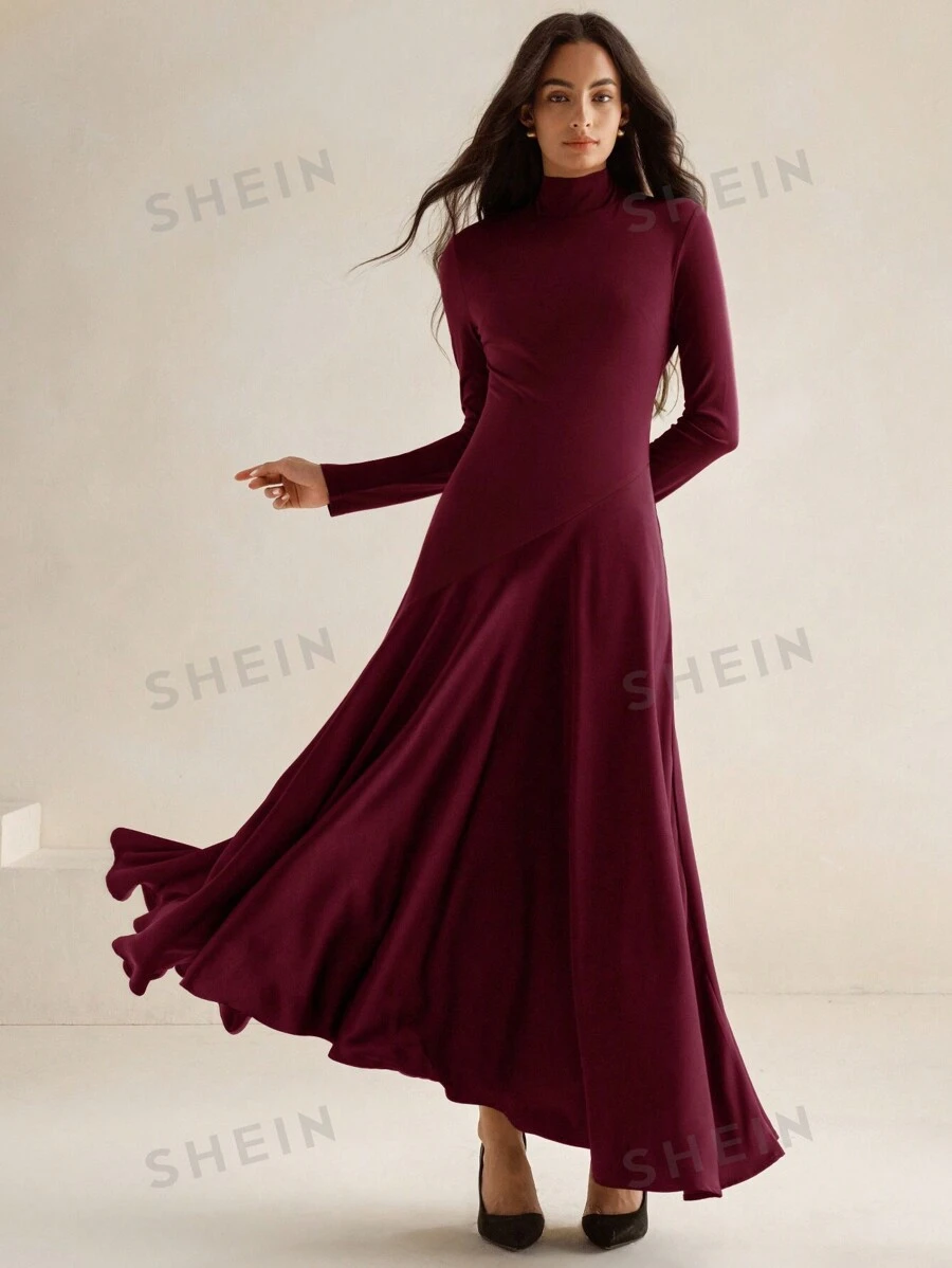 Anewsta Vestido de cuello alto, manga larga y bajo campana, con combinación de punto y tejido, de elegante estilo urbano para invierno