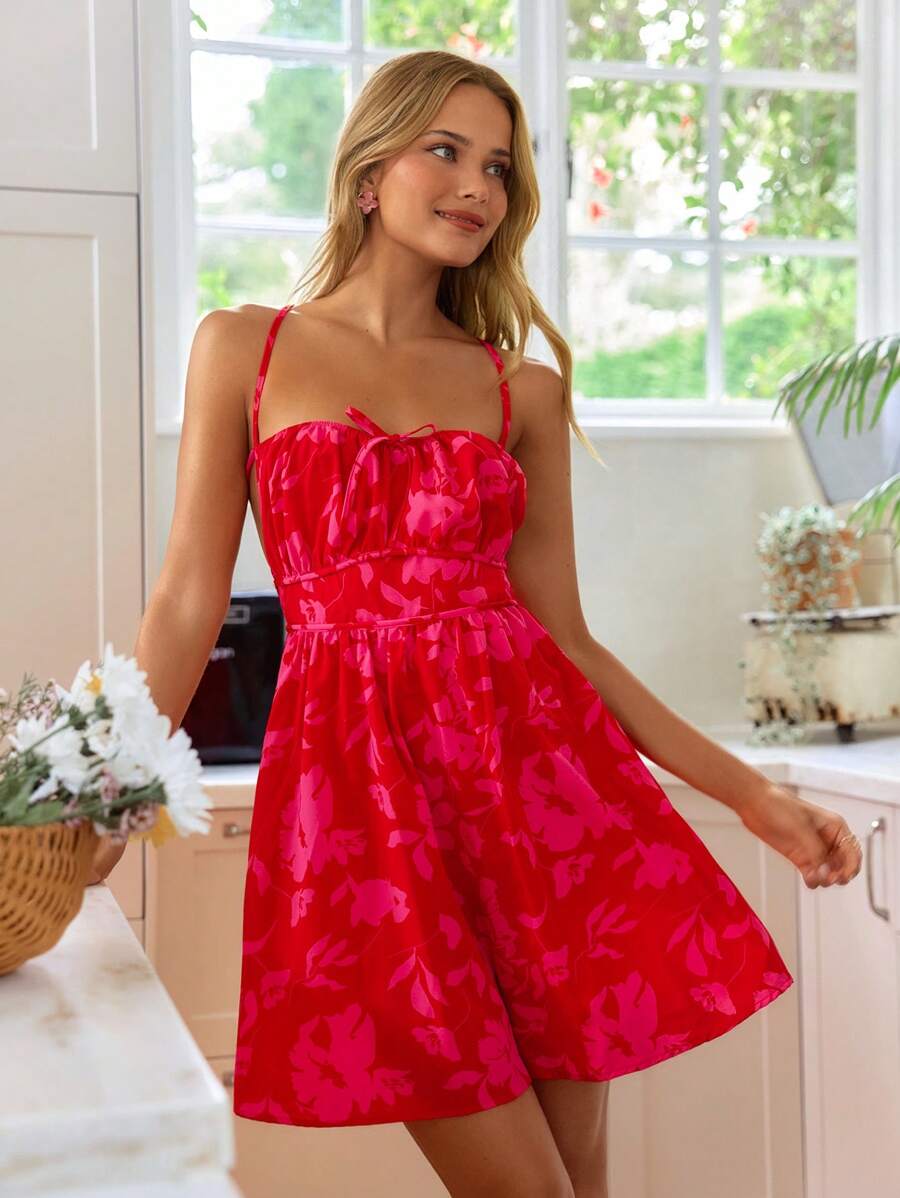 SHEIN VCAY Women's Elegant Vacation Floral Print Crisscross Tie Backless One Piece Cami Summer Beach Dress