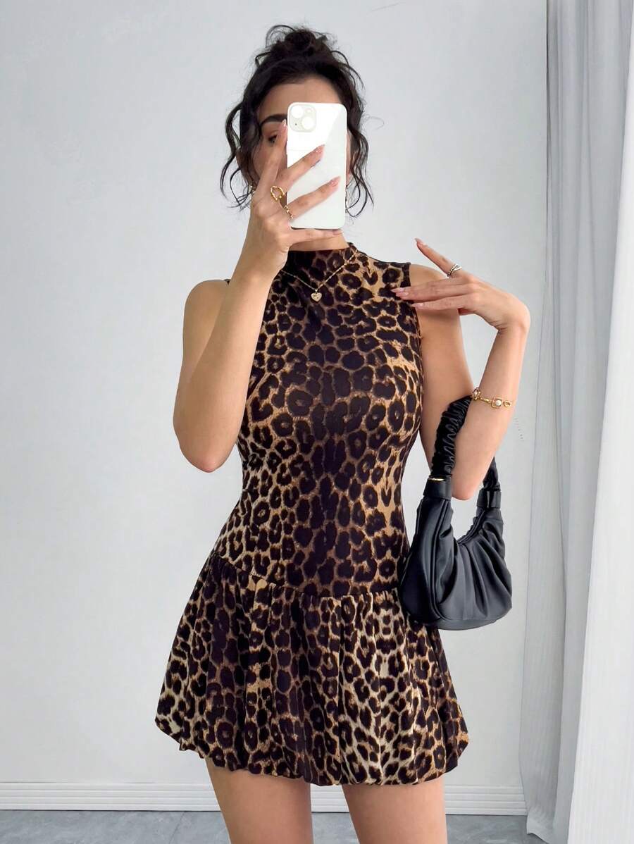 SHEIN Teenage Girls Leopard Print Backless Bud Dress With Stand Collar, Versatile, Preppy, Streetwear For Spring/Winter/Summer