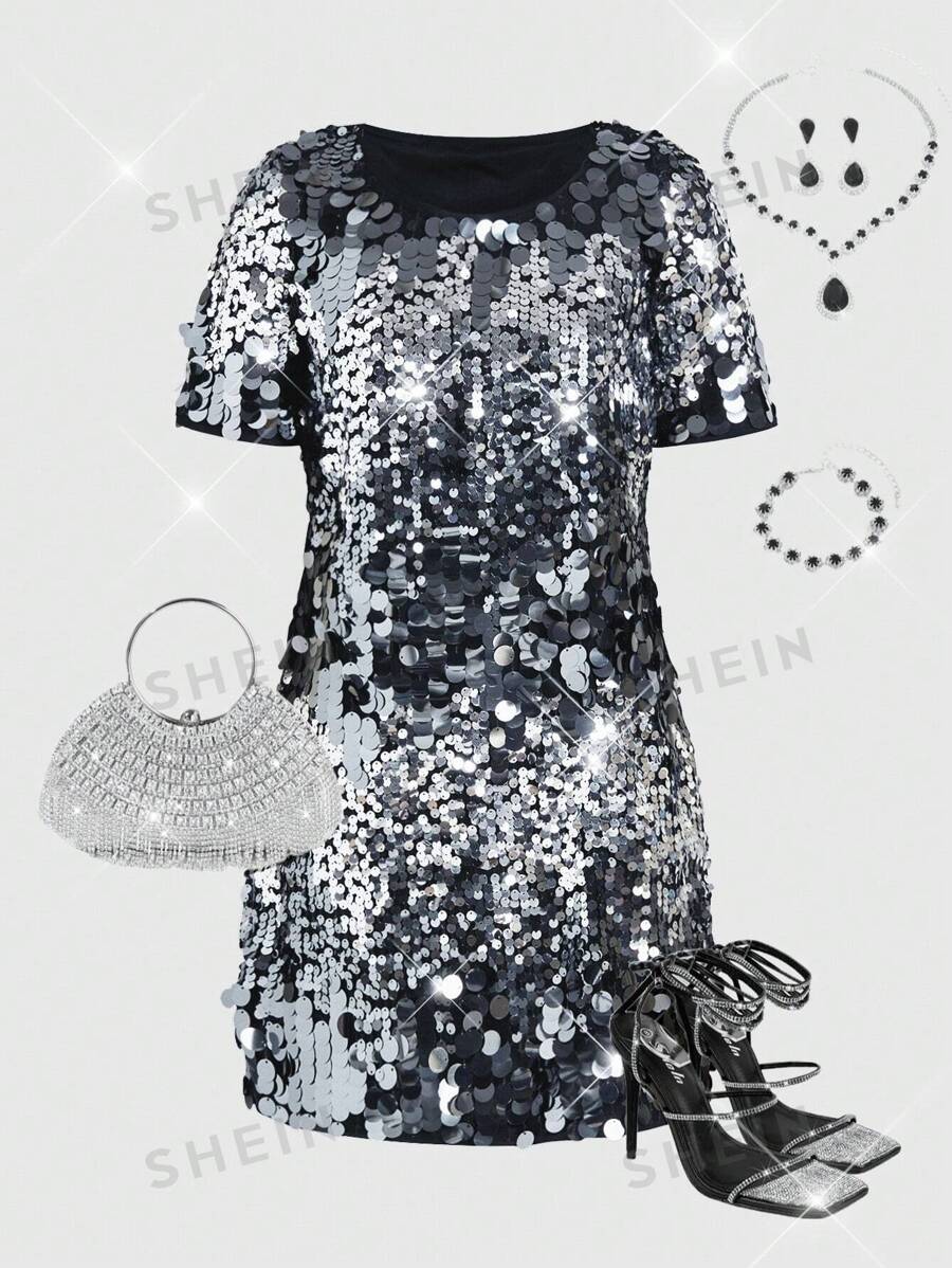 SHEIN Clasi Vestido midi de mujer con cuello redondo, manga corta, escote asimétrico y decoración con lentejuelas