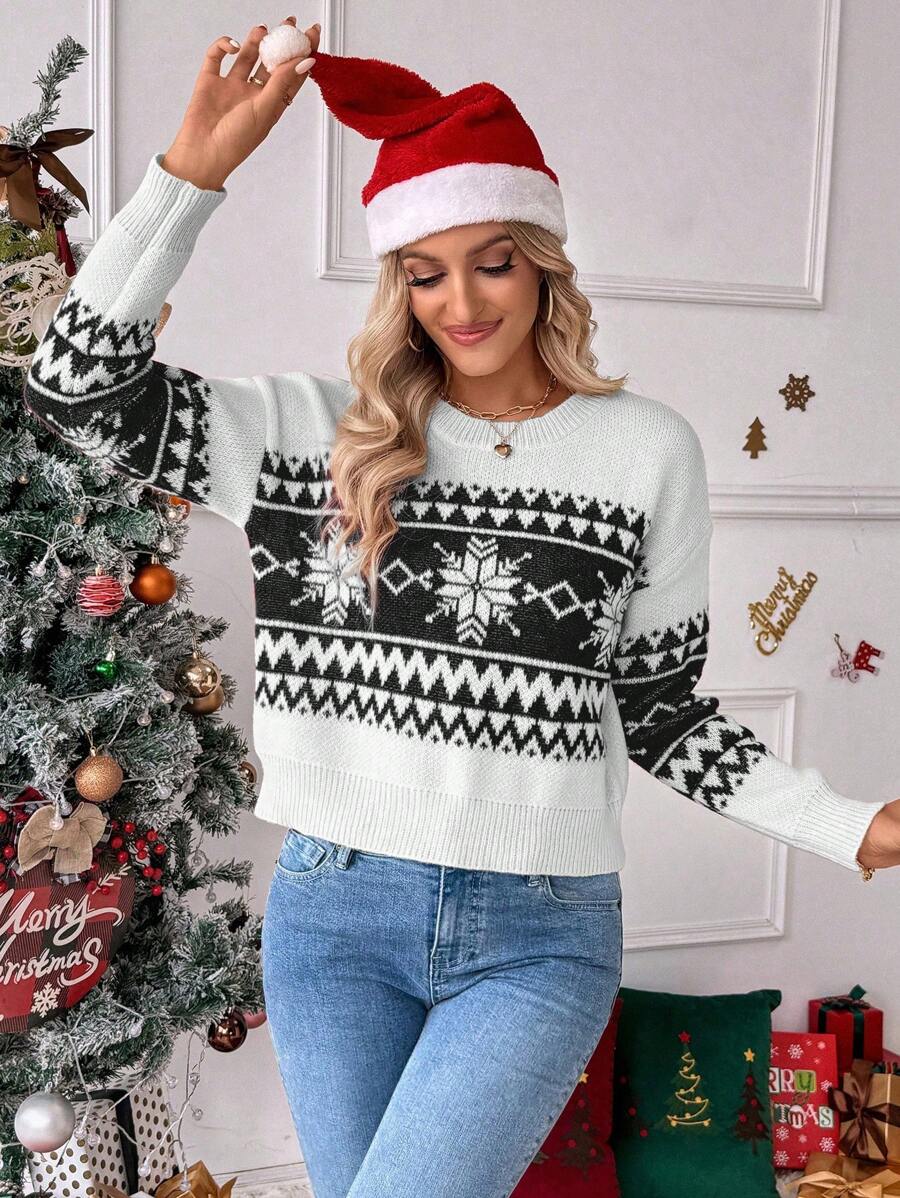 SHEIN LUNE Sweter z nadrukiem płatków śniegu w stylu świątecznym, z odkrytymi ramionami, okrągłym dekoltem i długim rękawem