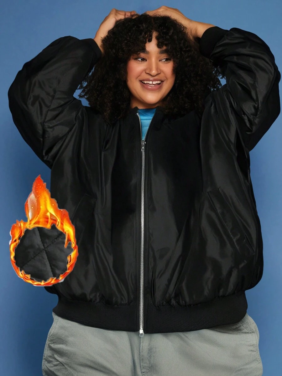 SHEIN CURVE+ Plus Size Zip Up Quilted Lined Baseball Collar Padded Coat, For Winter