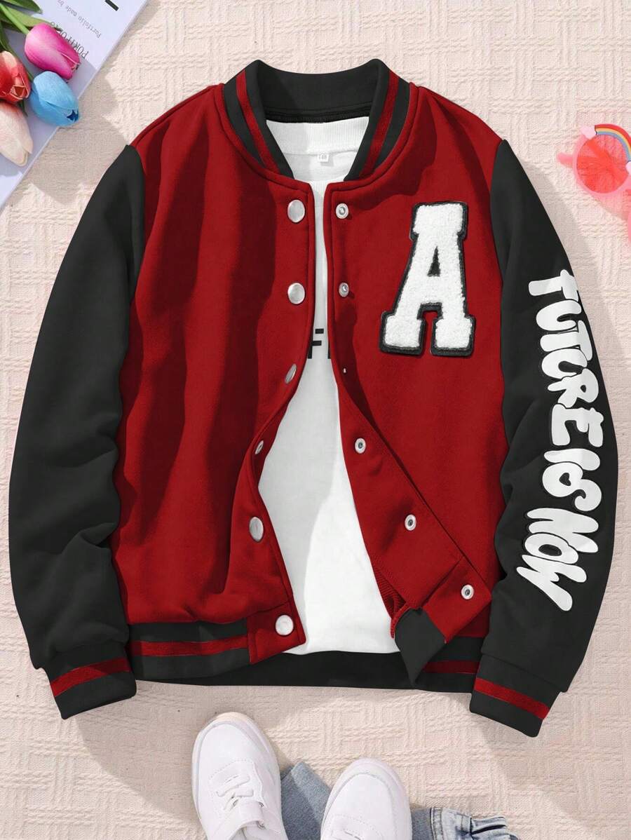 SHEIN Chaqueta informal de uso diario de bloques de color deportiva para niñas preadolescentes