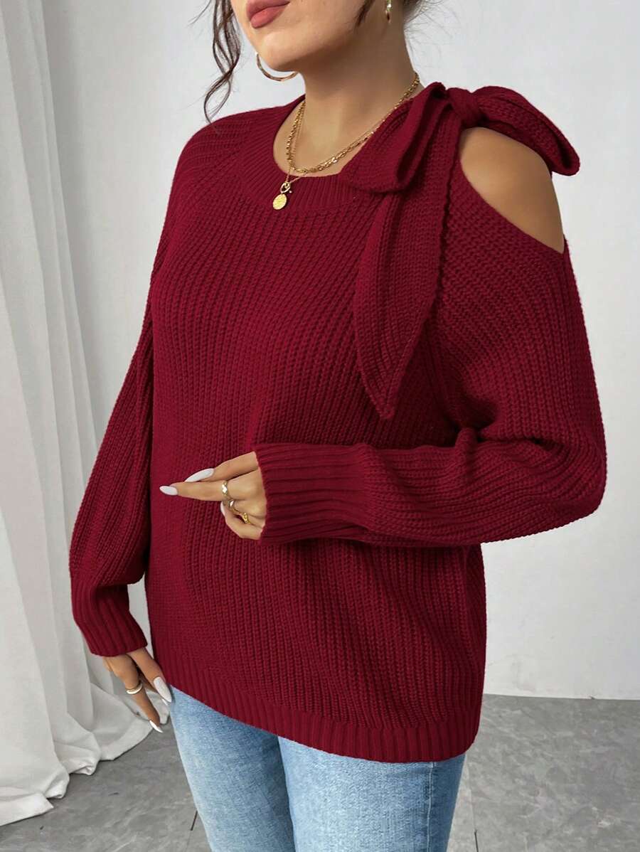 Calvaya Plus Size Solid Color Off Shoulder Bowknot Sweater, Valentine's Day & New Year