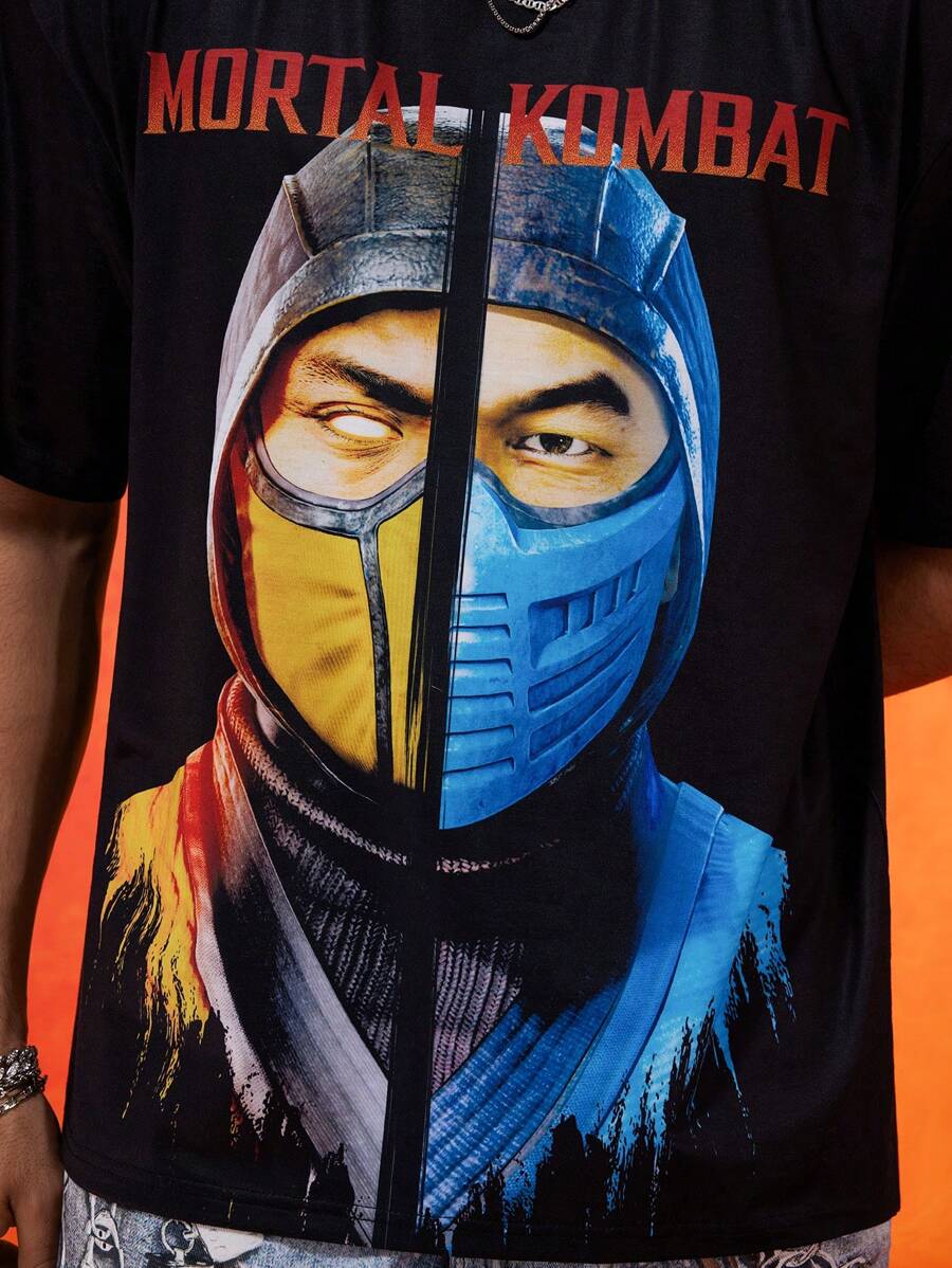 Mortal Kombat X SHEIN Unisex Casual Loose Knit Scorpion & Sub-Zero Figure Graphic Black Short Sleeve T-Shirt Streetwear