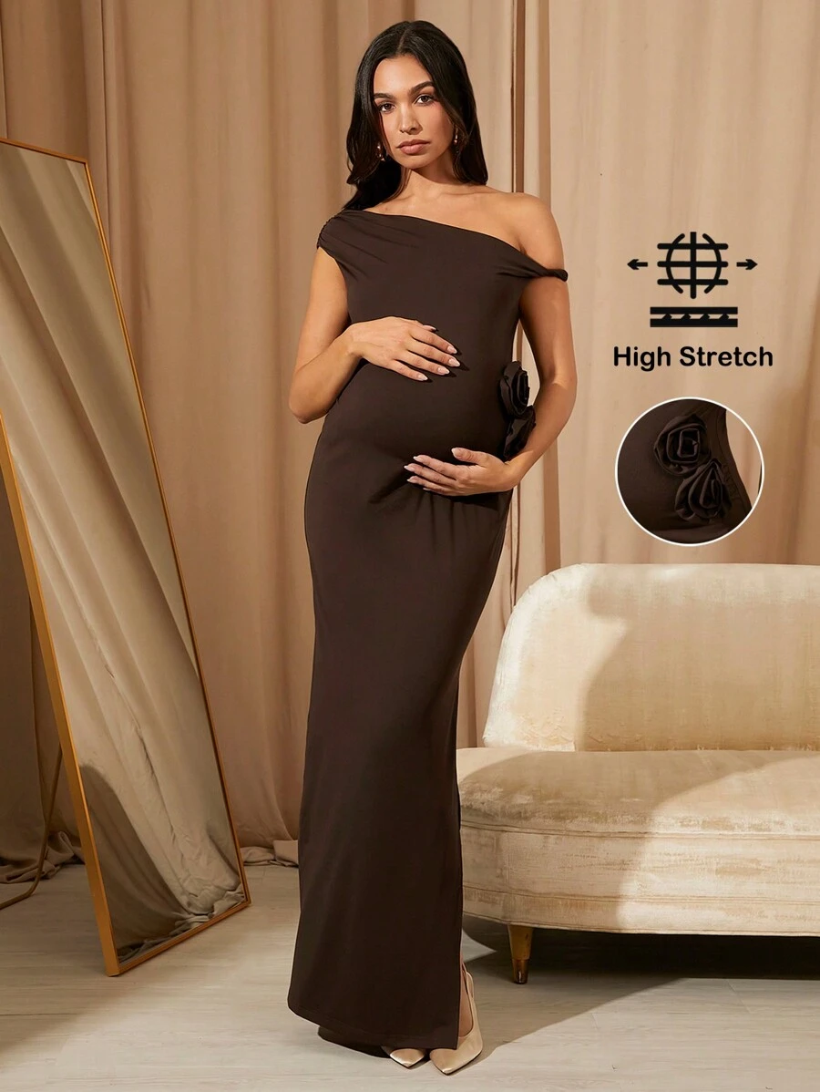 MaterniChic Maternity Apricot Asymmetrische Hals Effen Kleur Geplooide Schuine Schouder Sexy Hoge Split 3D Bloemenjurk Voor Vrouwen, Zomerresort/Date
