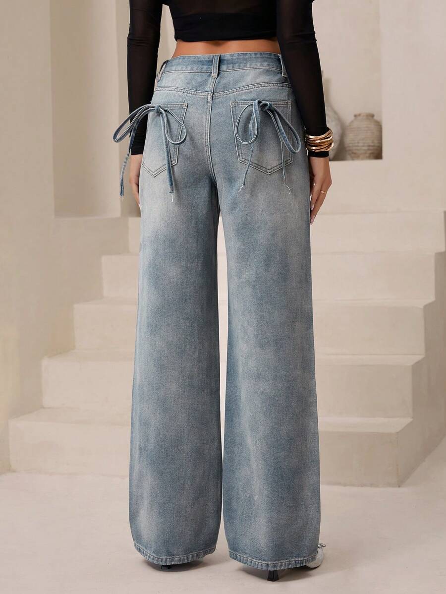 SHEIN Essnce Women's Pocket Design Casual Wide Leg Jeans
