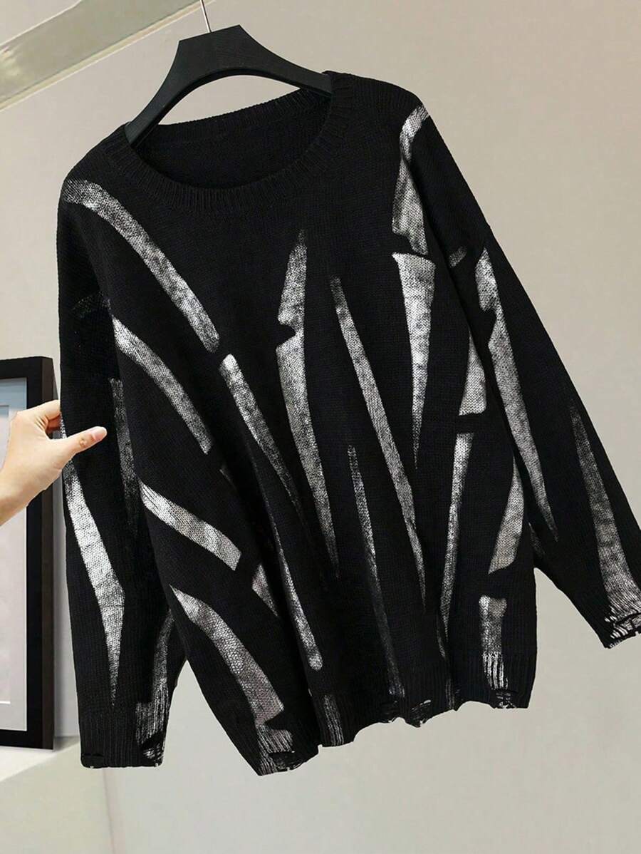 SHEIN LUNE Suéter holgado de punto a rayas y bloques de color desgastado para otoño e invierno en tallas grandes