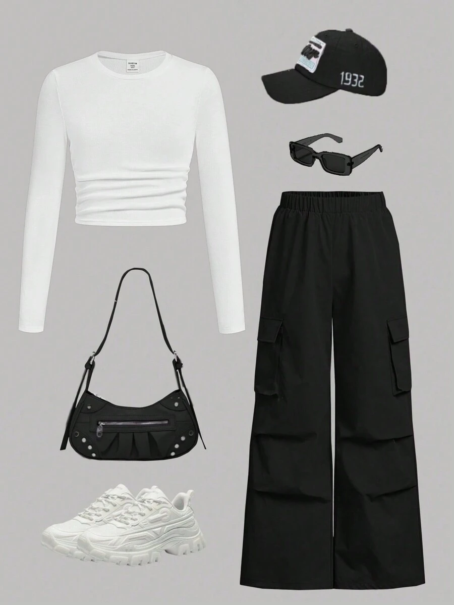 Tween Girl Rib Knit Ruched Long Sleeve Top And Utility Pants Casual 2 Pieces Set