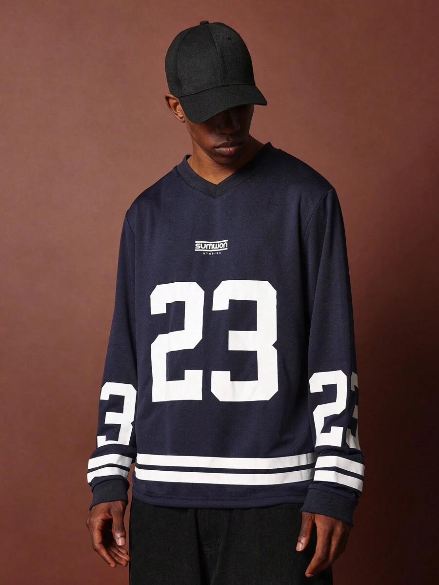SUMWON Oversized Fit Long Sleeve V-Neck Football Tee