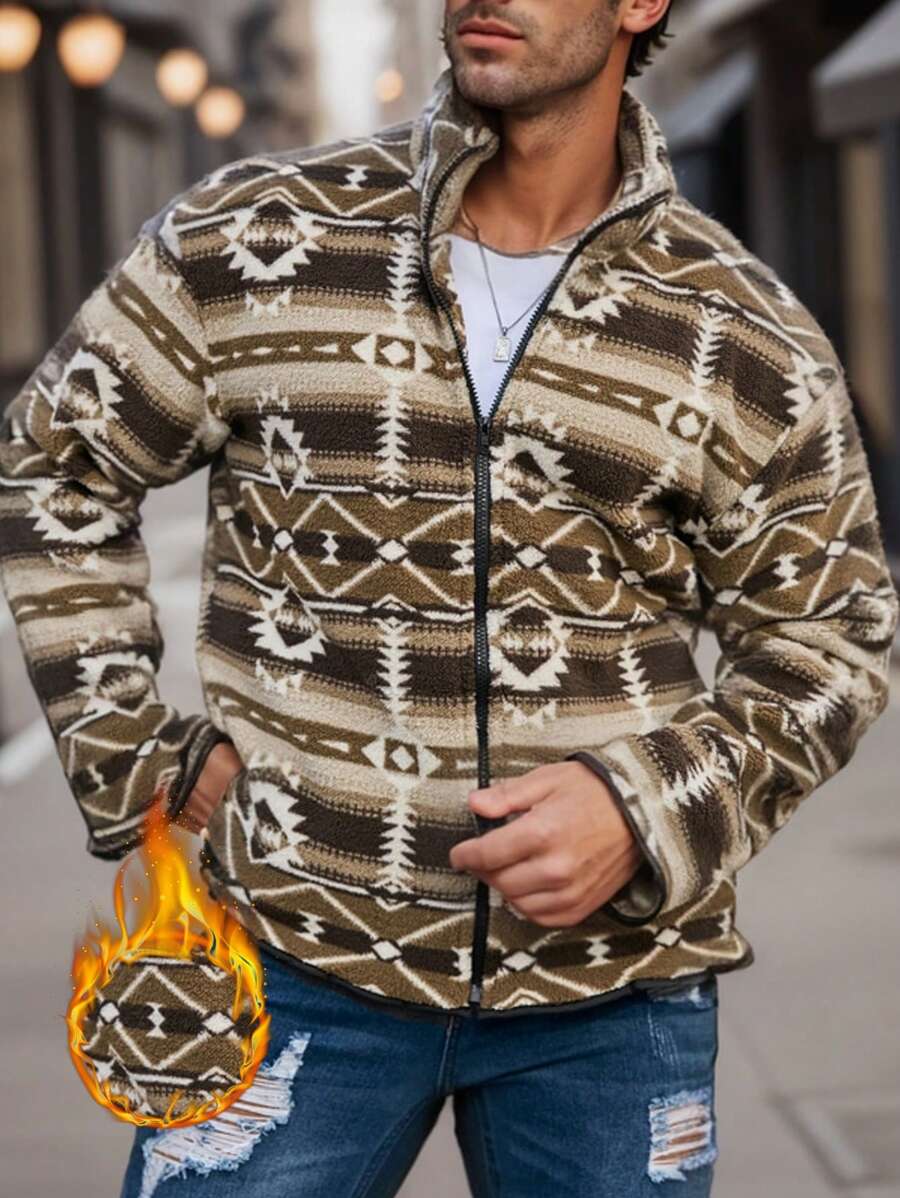 Manfinity Homme Heren Geometrisch Print Lange Mouw Rits Voorkant Casual Jas Voor Herfst/Winter, Herenjas, Herfst En Winter Herenkleding, Heren Khaki Jas, Pluche Fleece Voor Warmte, Winter Herenjas, Vriendje Cadeau, Koraal Fleece