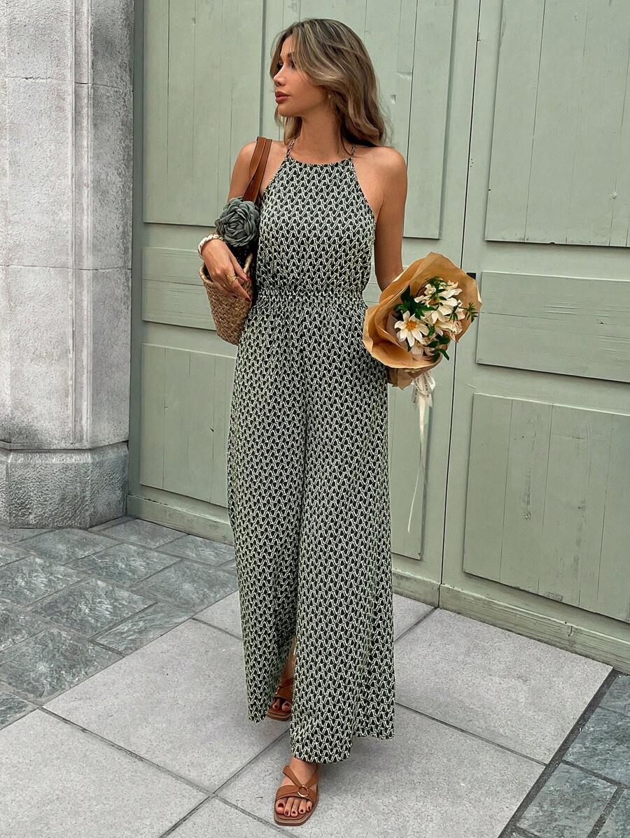 SHEIN Frenchy Tuta A Righe Geometriche Stampate, Con Collo A Halter E Pieghe In Vita Per Le Donne