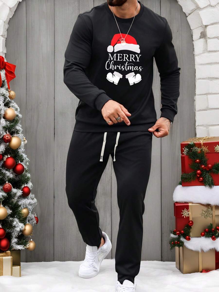 Manfinity Homme Conjunto Casual de Moletom de Gola Careca de Manga Longa e Calça de Moletom com Estampa de Slogan de Natal Masculino