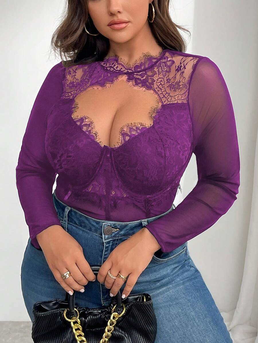 SHEIN Privé Plus Size Women Elegant Netted Lace Patchwork Underwire Bodysuits, Stretchy Sexy For Date, Party, All Season