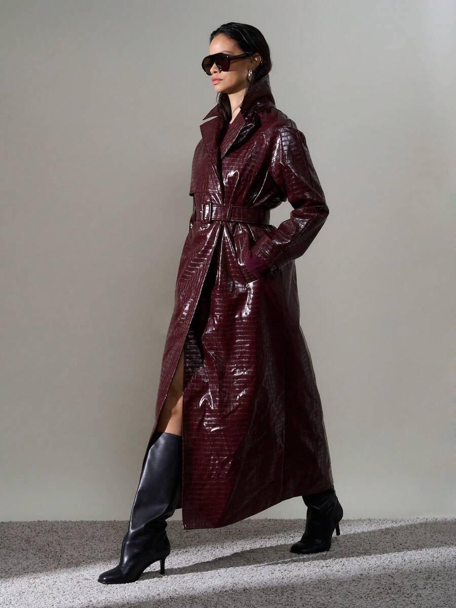 AiiRZ Luxury Patent Leather Quilted Maxi Trench Designer Full Length Fall Winter Statement Double Breasted Belted Fashion Outerwear Evening Long Coat