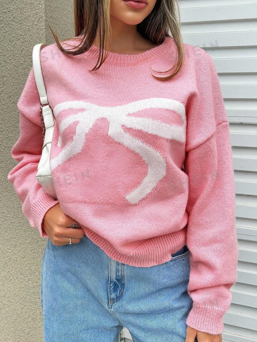 Jouncy Suéter holgado de punto con estampado de bloques de color y moño, para otoño/invierno