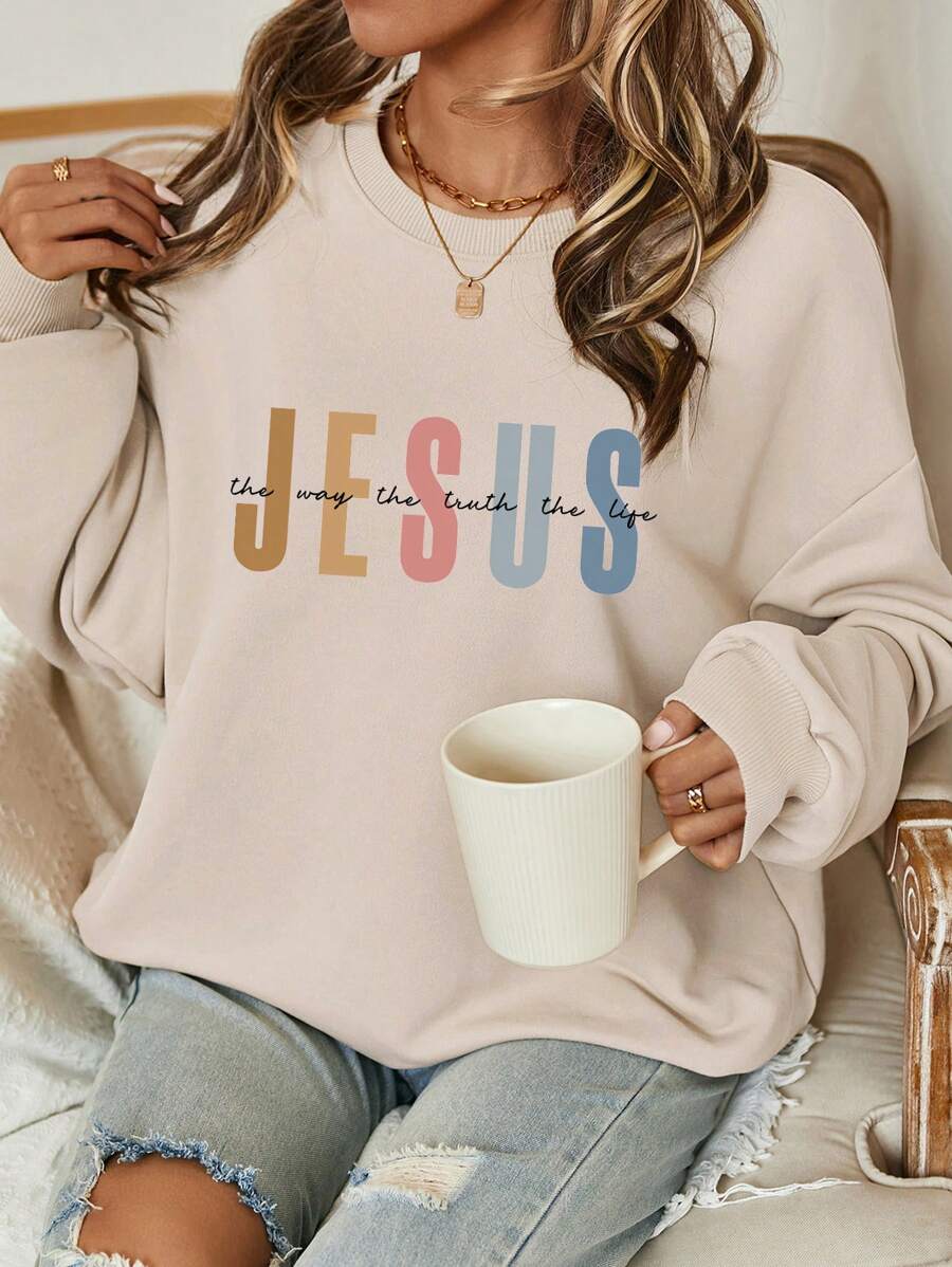 SHEIN LUNE Casual Minimalist Jesus God Print Pattern Loose Fit Crew Neck Long Sleeve Hoodie Sweatshirt For Women,Winter Clothes For Women Autumn
