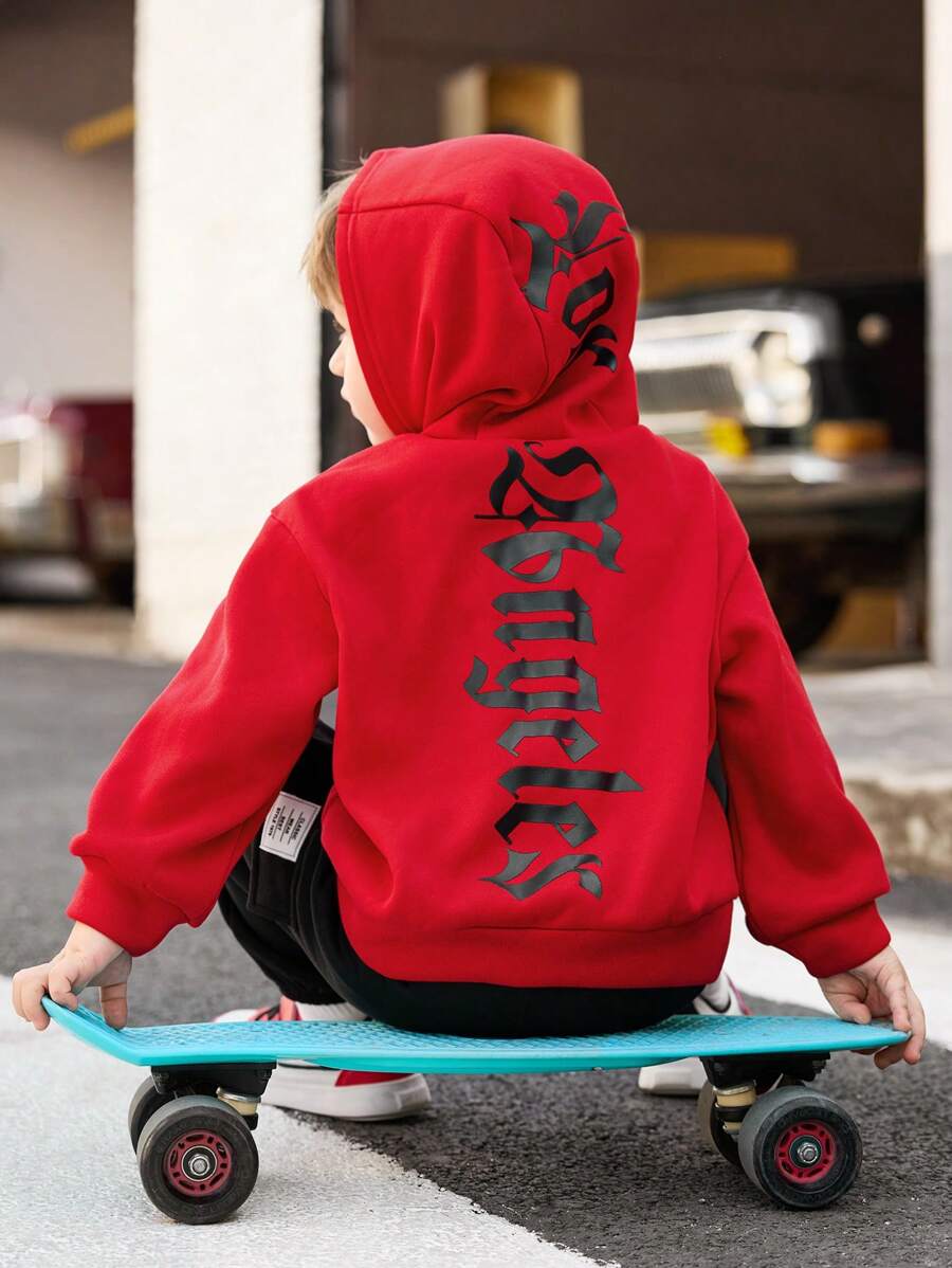 SHEIN 1 peça moletom com capuz de manga comprida grande com letras góticas casuais para meninos, adequado para passeios, passeios, reuniões diárias, temporada outono/inverno