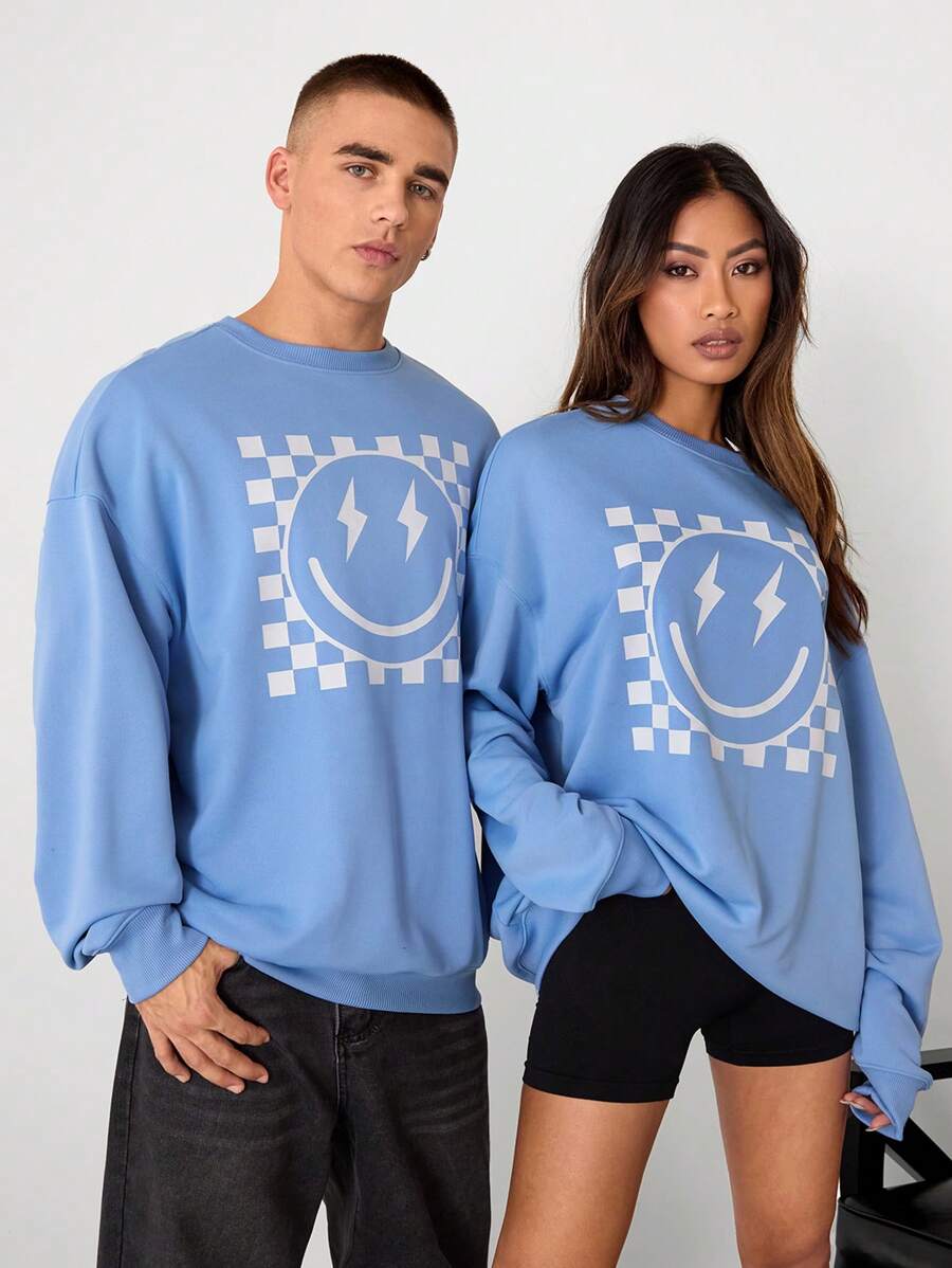 Manfinity Unisex 1pc Oversized, Loose, Drop Shoulder Crew Neck Pullover Sweatshirt, Suitable For Everyday Wear, Light Blue Going Out Crew Neck Graphic Long Sleeve Sweatshirt, For Friends, Husband, Boyfriend Gifts