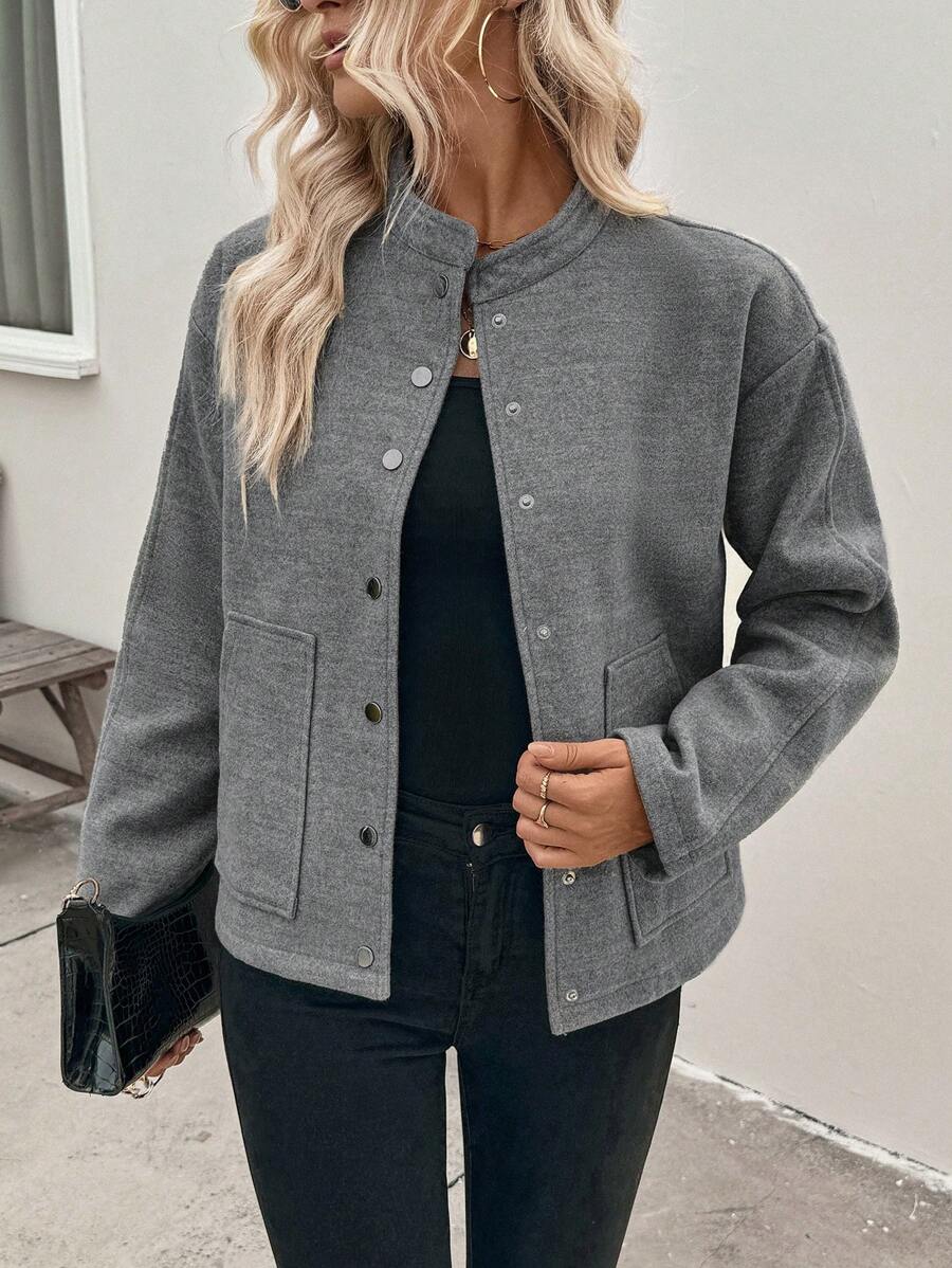 SHEIN Clasi Women's Autumn/Winter Stand Collar, Big Pocket, Drop Shoulder, Long Sleeve, Casual