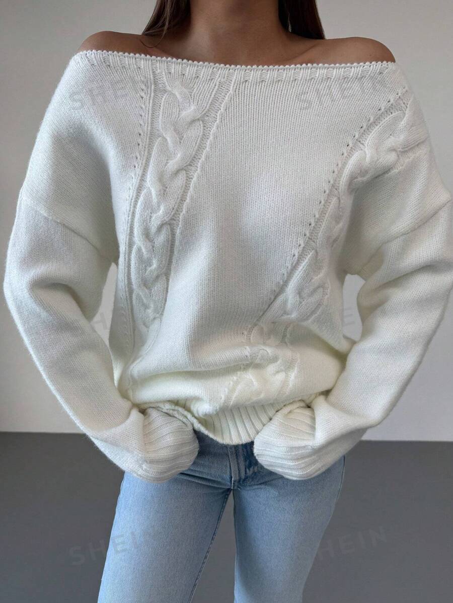 Aloruh Suéter holgado y casual de punto de cable con cuello redondo y hombros descubiertos para mujer, crema