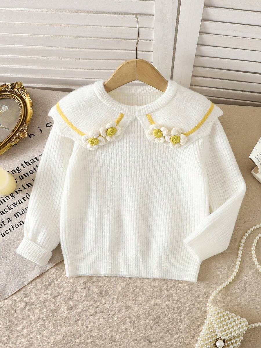 SHEIN Young Girls Turtleneck Sweaters With 3D Floral Decor, Textured Knit Design, Suitable For Autumn/Winter Wear To Keep Warm And Suitable For Outdoor Activities
