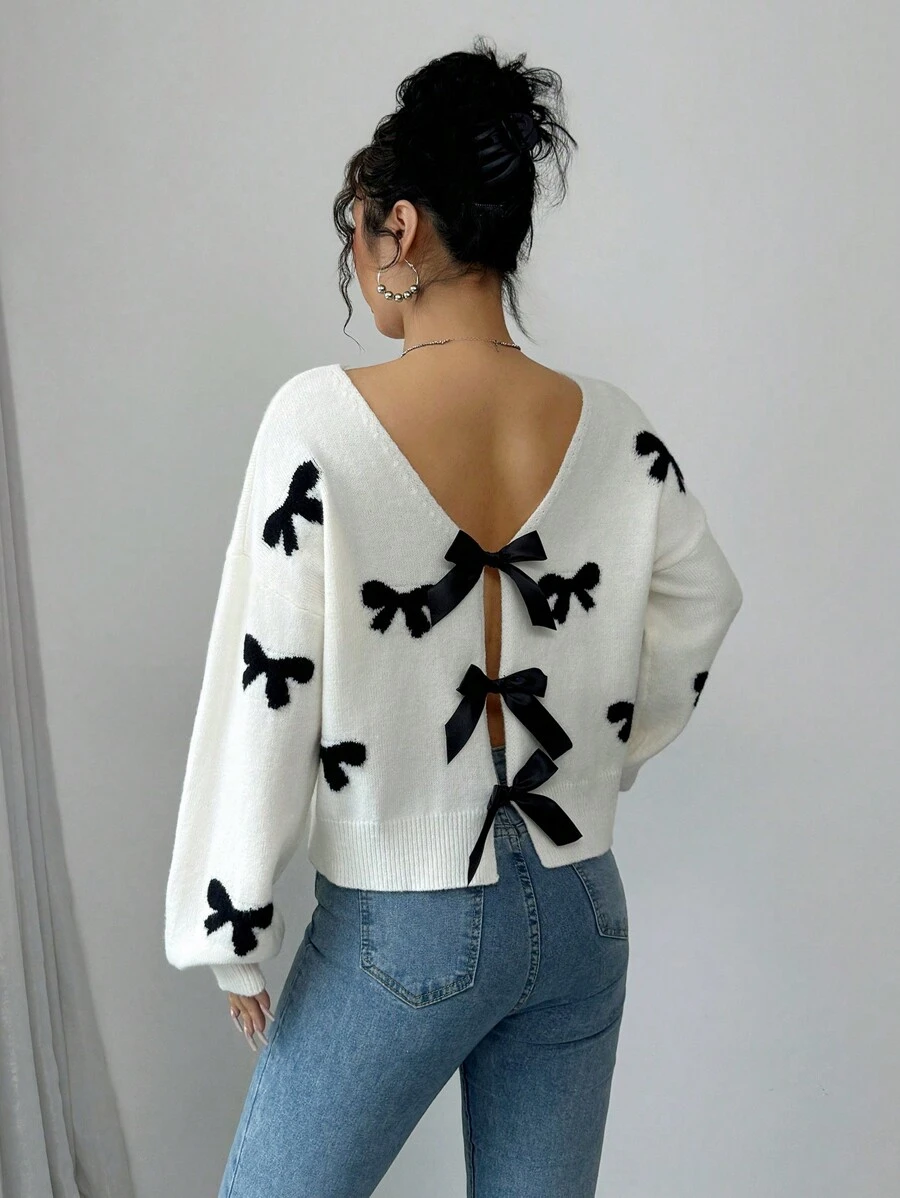 SHEIN Frenchy Women's Elegant Bow Decor Sweater, Autumn/Winter French Elegant Bow Pattern Back Tie Long Sleeve Sweater Bow Sweater Winter Sweater Warm Sweater