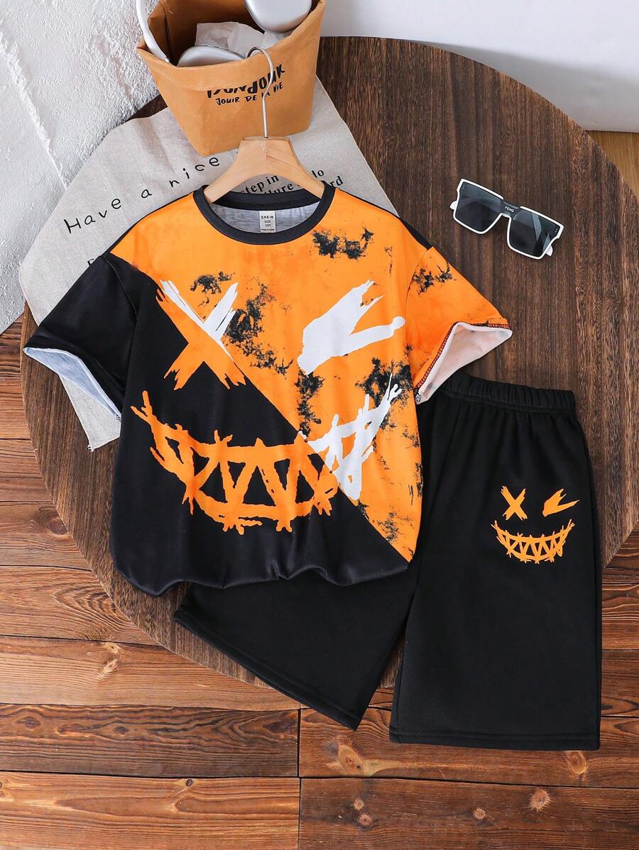 2 sztuki Tween Boys Casual Street Graphic Print Crew Neck Loose T-shirt i spodenki Knit Set