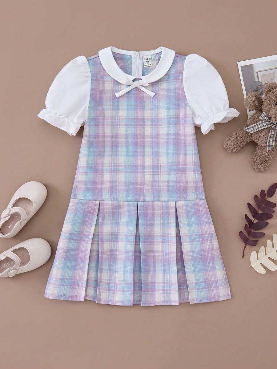 PrepCrw Vestido informal de 2 en 1 para niñas jóvenes, con diseño de cuadros, corte holgado, en colores gris y púrpura, para primavera y otoño