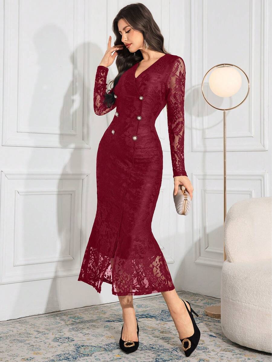 Modelyn Women's Lace Patchwork Long Sleeve Button Front Casual Dress Long Evening Dresses