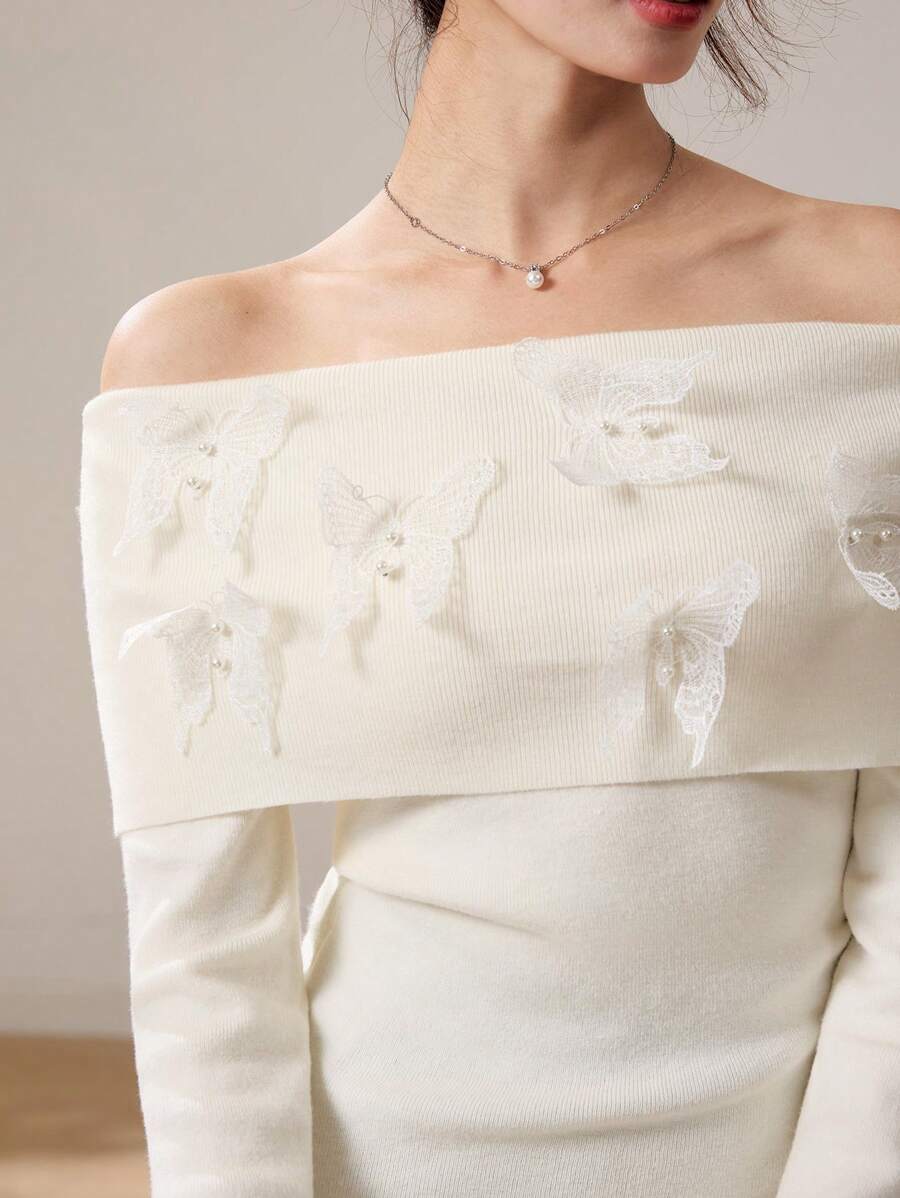 EastFlair Women's White Christmas Off Shoulder Butterfly Ornament Sweater