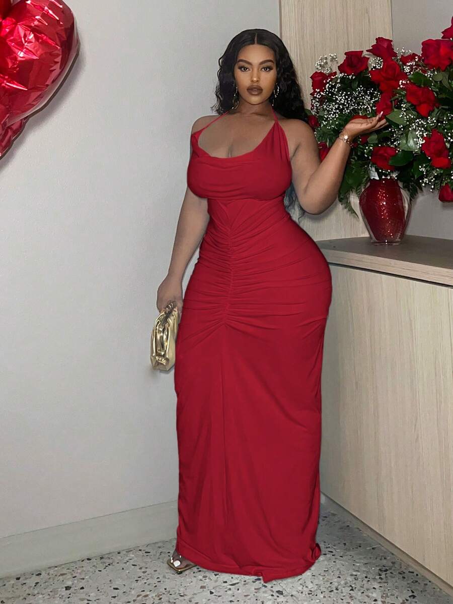Slaydiva Plus Size Elegant Solid Color Backless Ruched Draped Neck Dress, Suitable For Valentine's Day, Date Night, Club, Prom