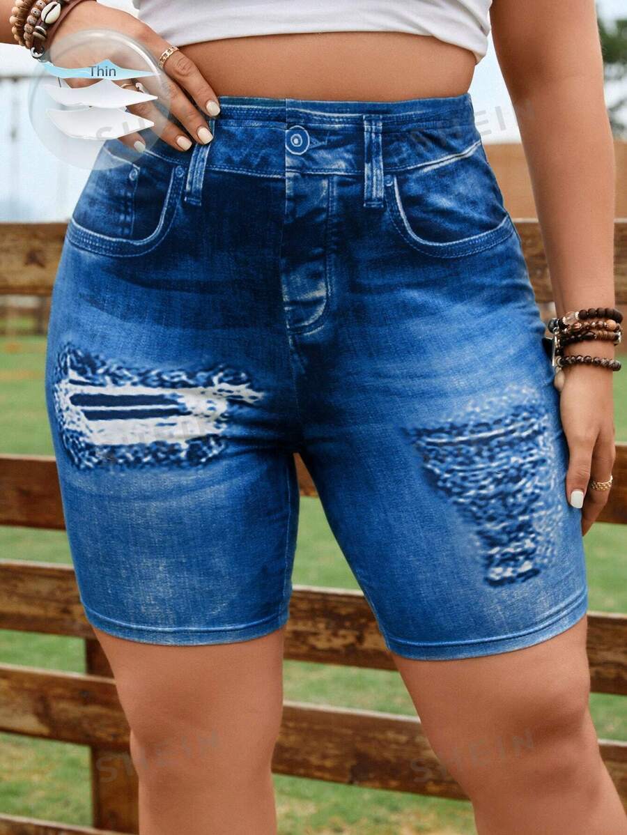 Calvaya Shorts biker con estampado efecto denim desgarro