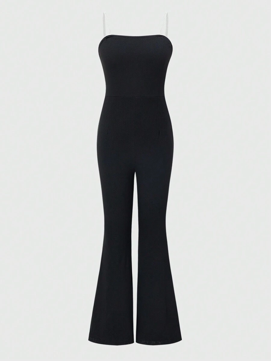 Teenage Girls Simple Transparent Strap One-Piece Jumpsuit, Knitted, Solid Color, Everyday Wear