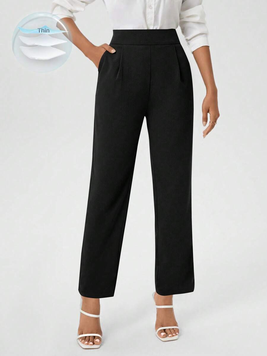 SHEIN Clasi Pantalones De Cintura Alta De Color Sólido Para Mujeres Con Bolsillos Oblicuos