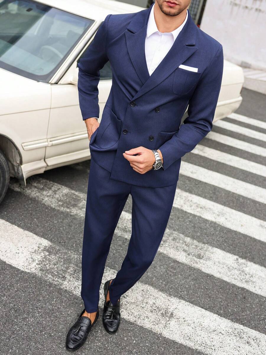 Manfinity Bizformal Men's Business Commuter High-Quality Cost-Effective Navy Blue Suit Set With Multiple Pocket Details And Waist Design. Men Two Pieces Outfits , Fall And Winter Men Clothes , 2 Pieces Suit Set For Men, Solid Color Double-Breasted Jacket + Pants