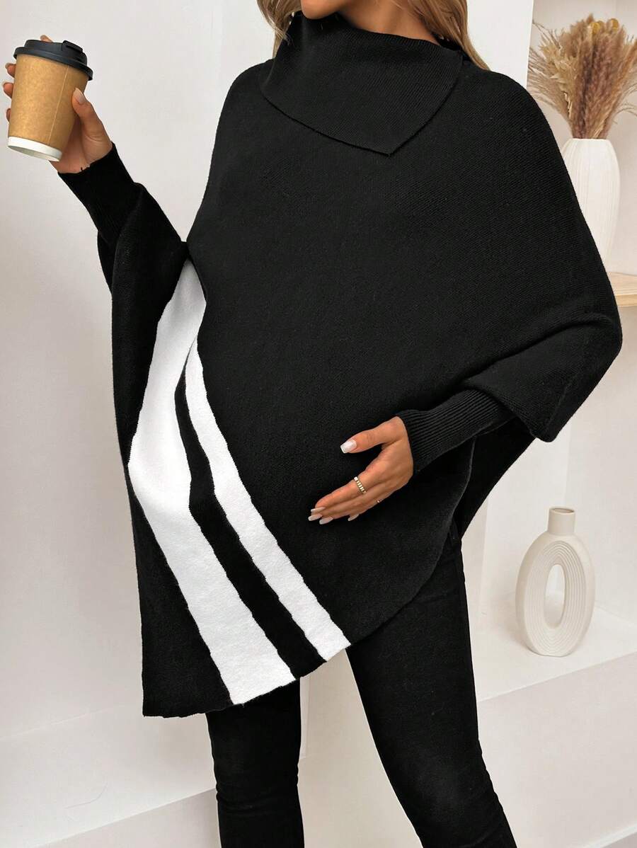 SHEIN Maternity Color Block Striped Turtleneck Batwing Sleeve Loose Knitted Sweater, For Autumn & Winter