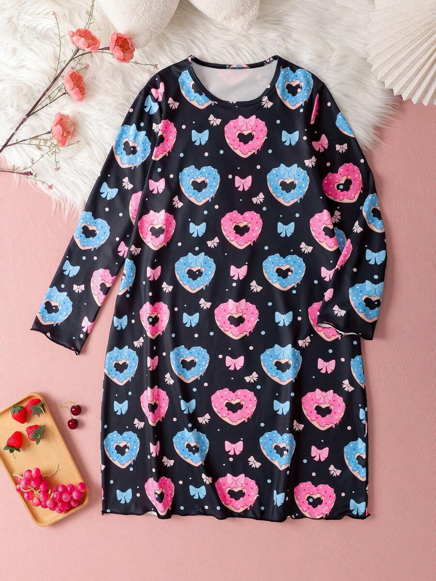 Tween Girl Heart, Donut, Bow Print Long Sleeve Nightgown