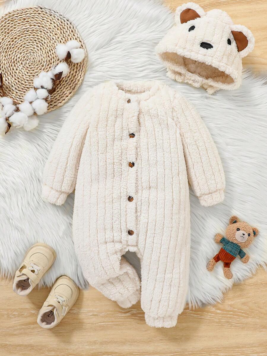 SHEIN Conjunto de pelele con capucha y gorro de crema esponjoso para recién nacido niña, otoño/invierno