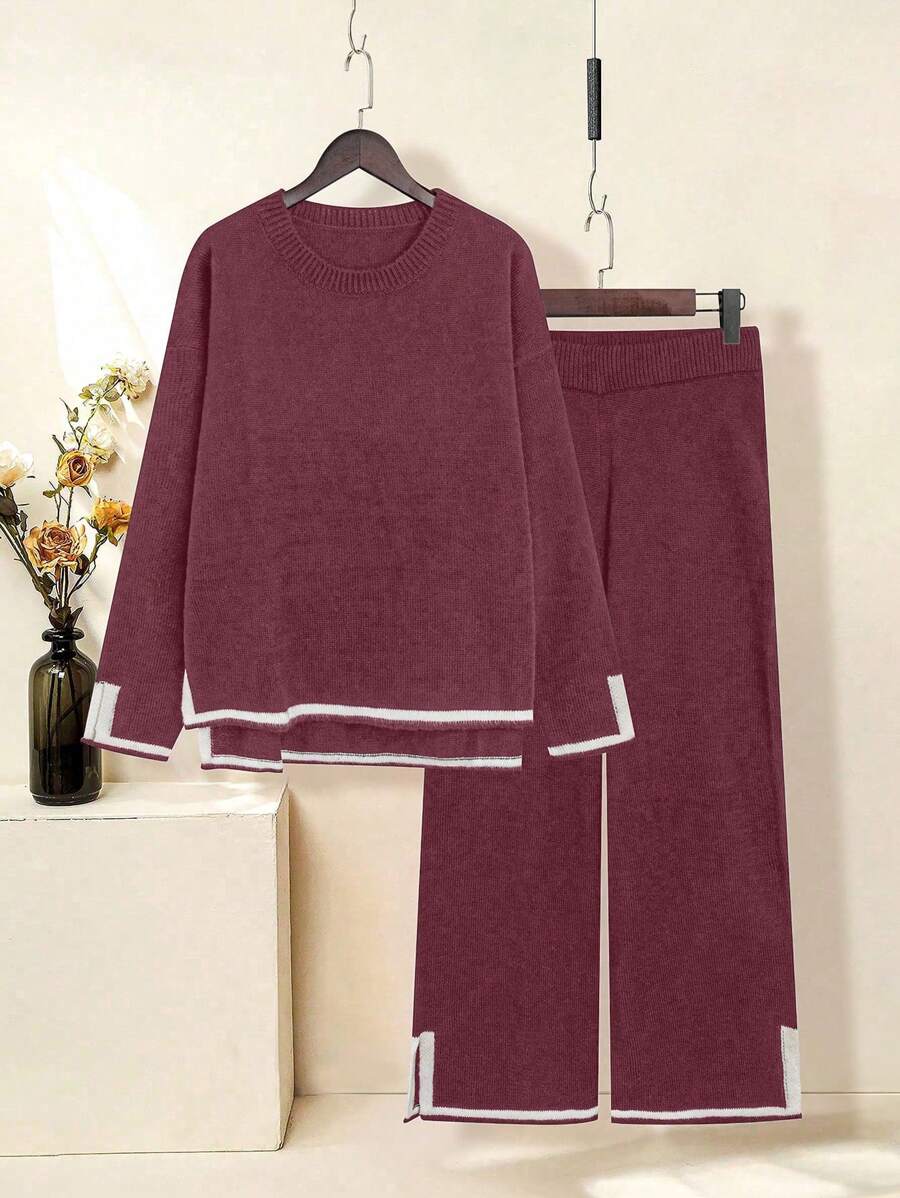 Plus Size Vrouwen Contrasterende Kleur Gebreide Ronde Hals Split Trim Colorblock Lange Mouw Top En Rechte Pijp Broek Casual Sets, Bordeauxrood Sweaterpak Voor Herfst/Winter