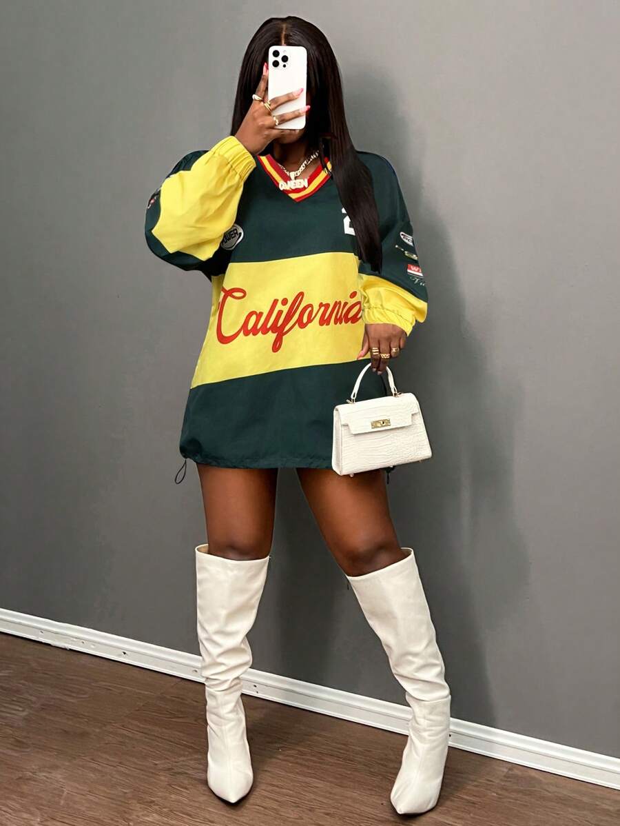 Slaydiva New Casual Street Sports V-Neck Off-Shoulder Long-Sleeved Loose Dark Green Contrasting Yellow English Slogan Logo Printed Women's Sweatshirt-A Graduation,Back To School Outfits,Graduation,Teacher Outfits For Women,Back To School